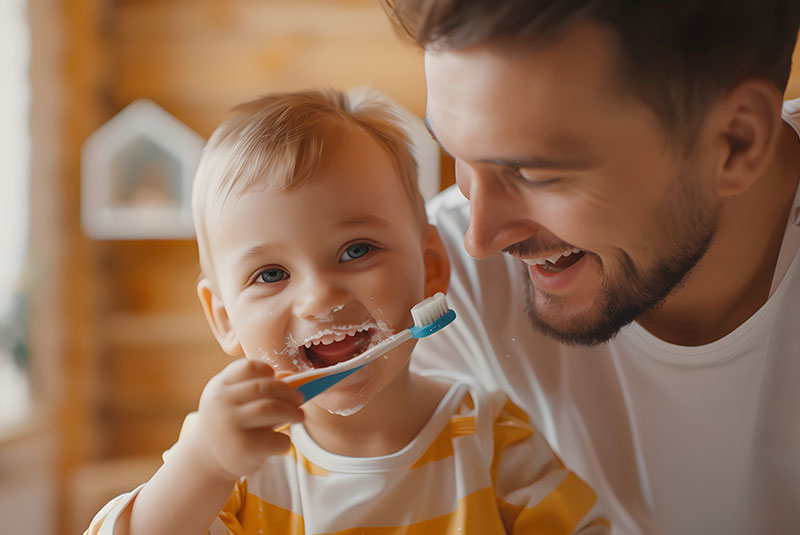 Father brushing little baby boy's teeth in the morning. Morning dental hygiene for toddlers