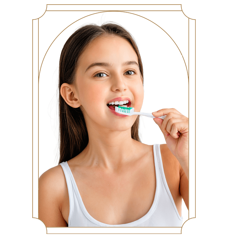 young girl brushing their teeth and smiling
