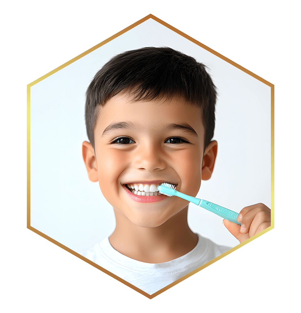 frame of young toddler brushing their teeth and smiling